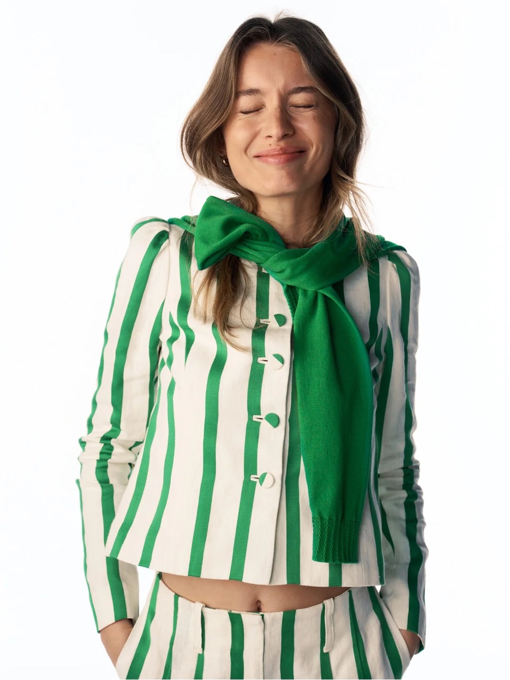 Salisbury Puff Sleeve Jacket
Ivory, Fresh Green Stripe